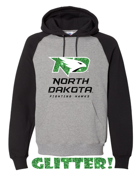 *UND Football Hoodie - Dri Power Colorblock Raglan Hooded Sweatshirt - Glitter